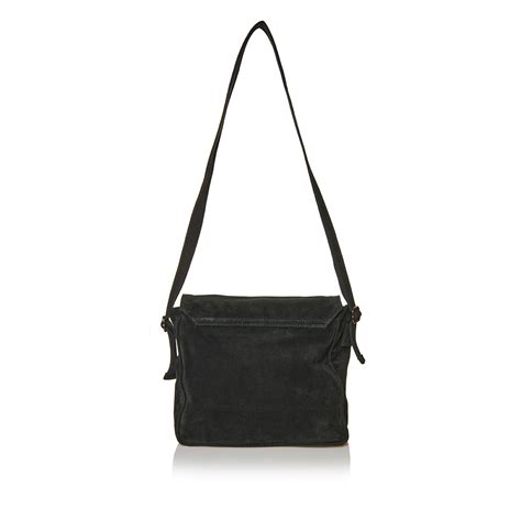 black suede messenger bag.